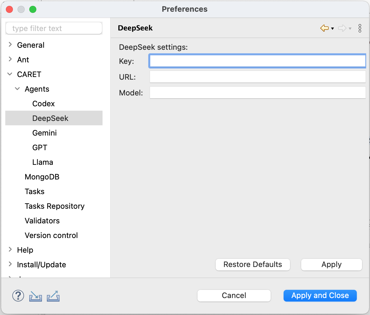 Agents Configuration Screen
