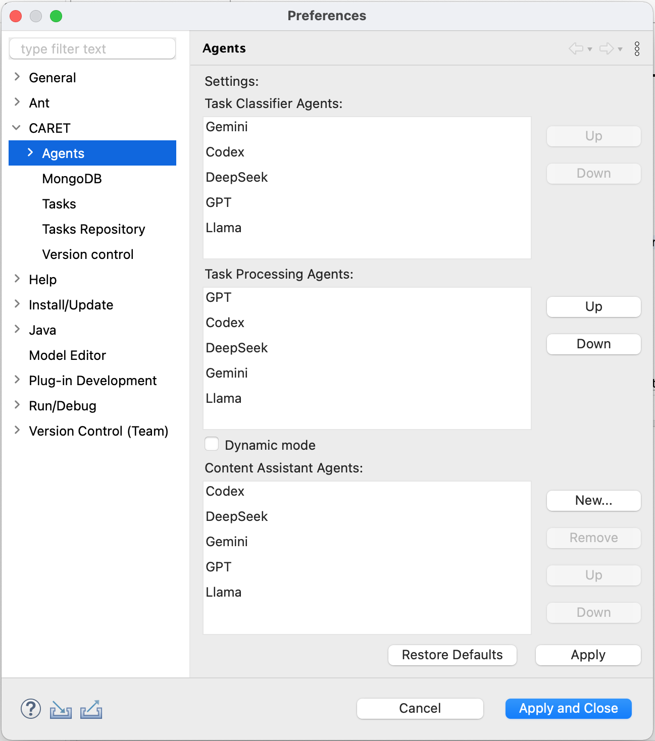 Agents Configuration Screen