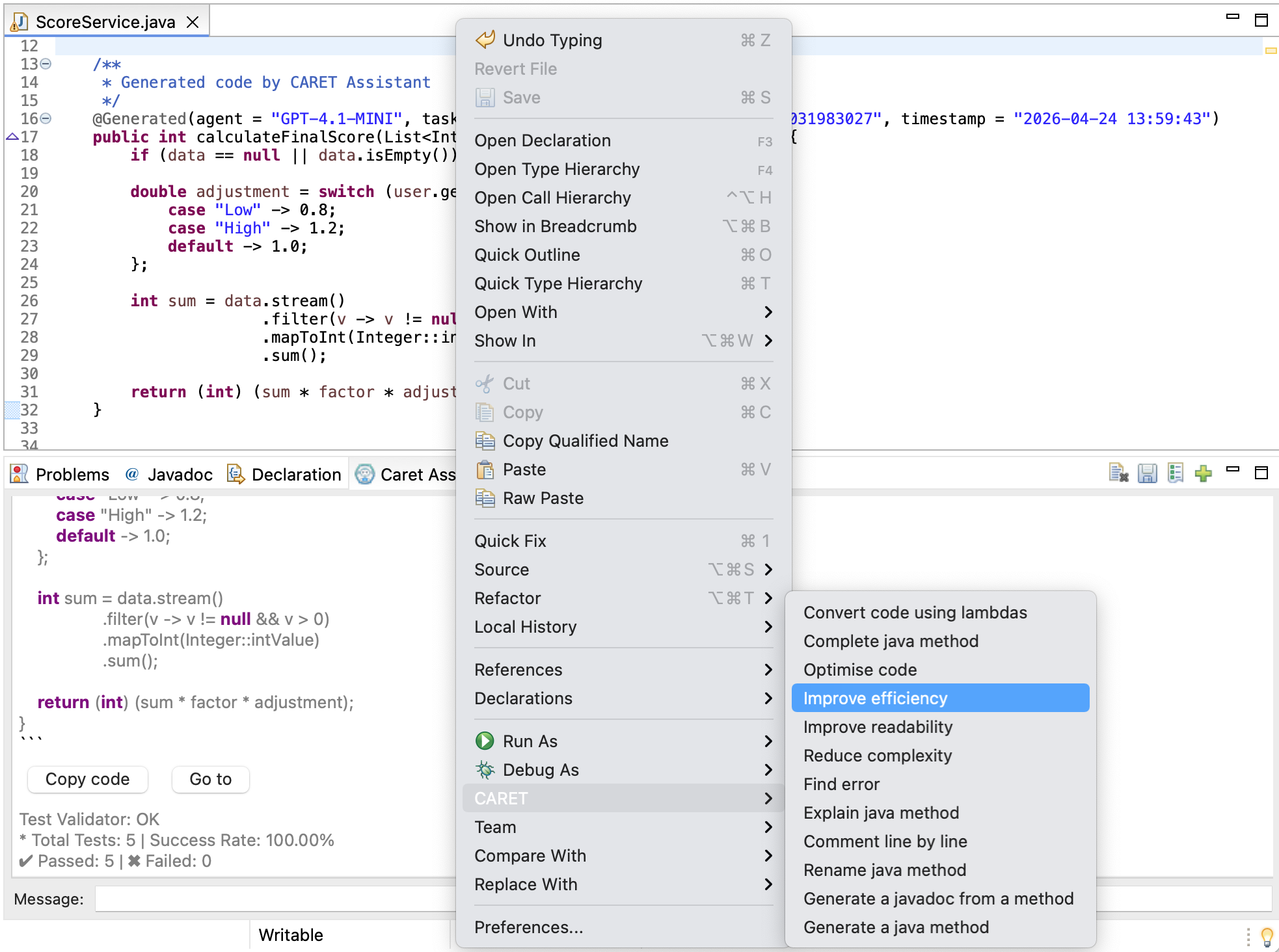 Caret Usage via Context Menu and Chat