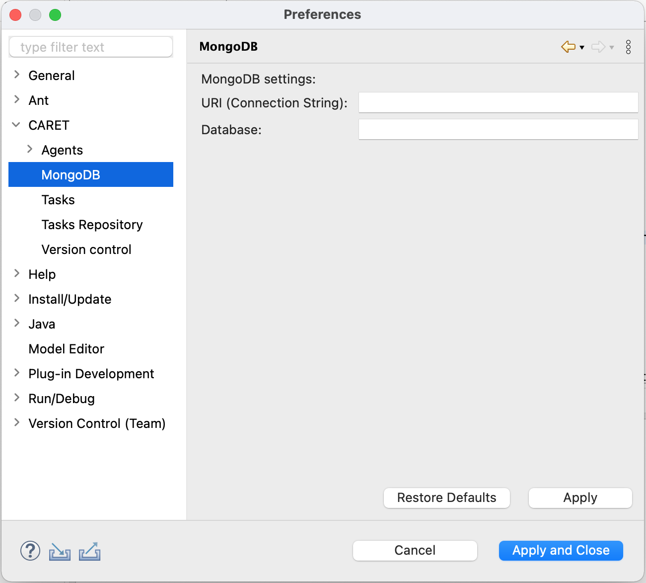 Database Configuration Screen