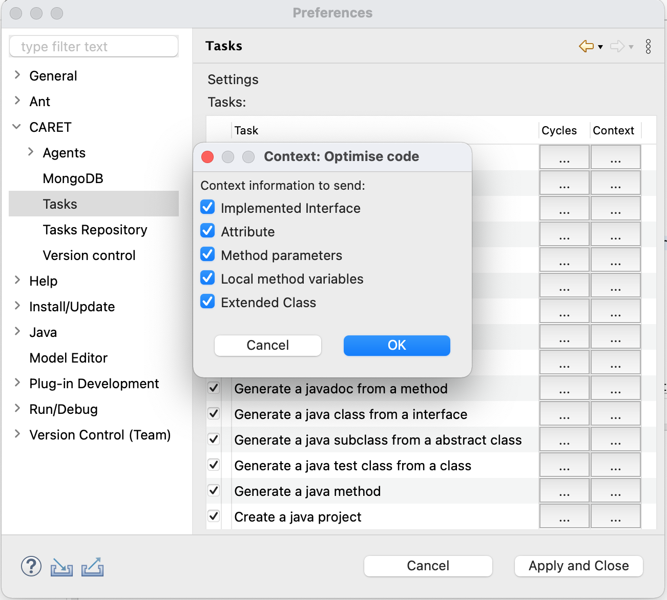 Tasks Configuration Screen