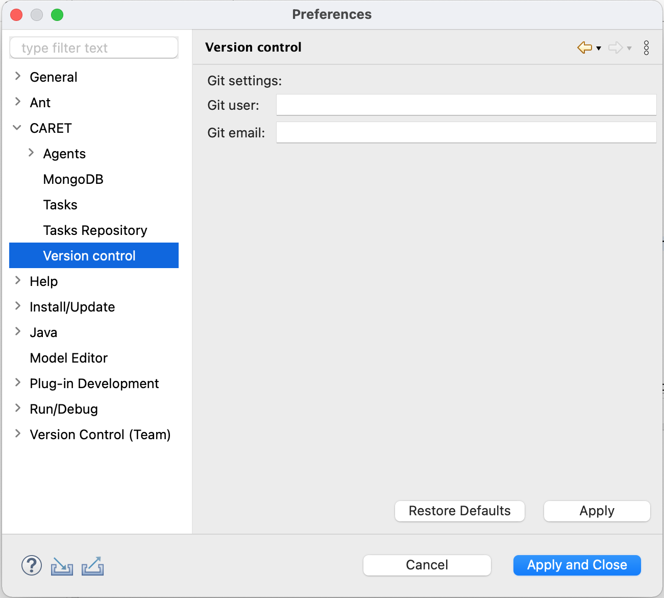 Version Control Configuration Screen